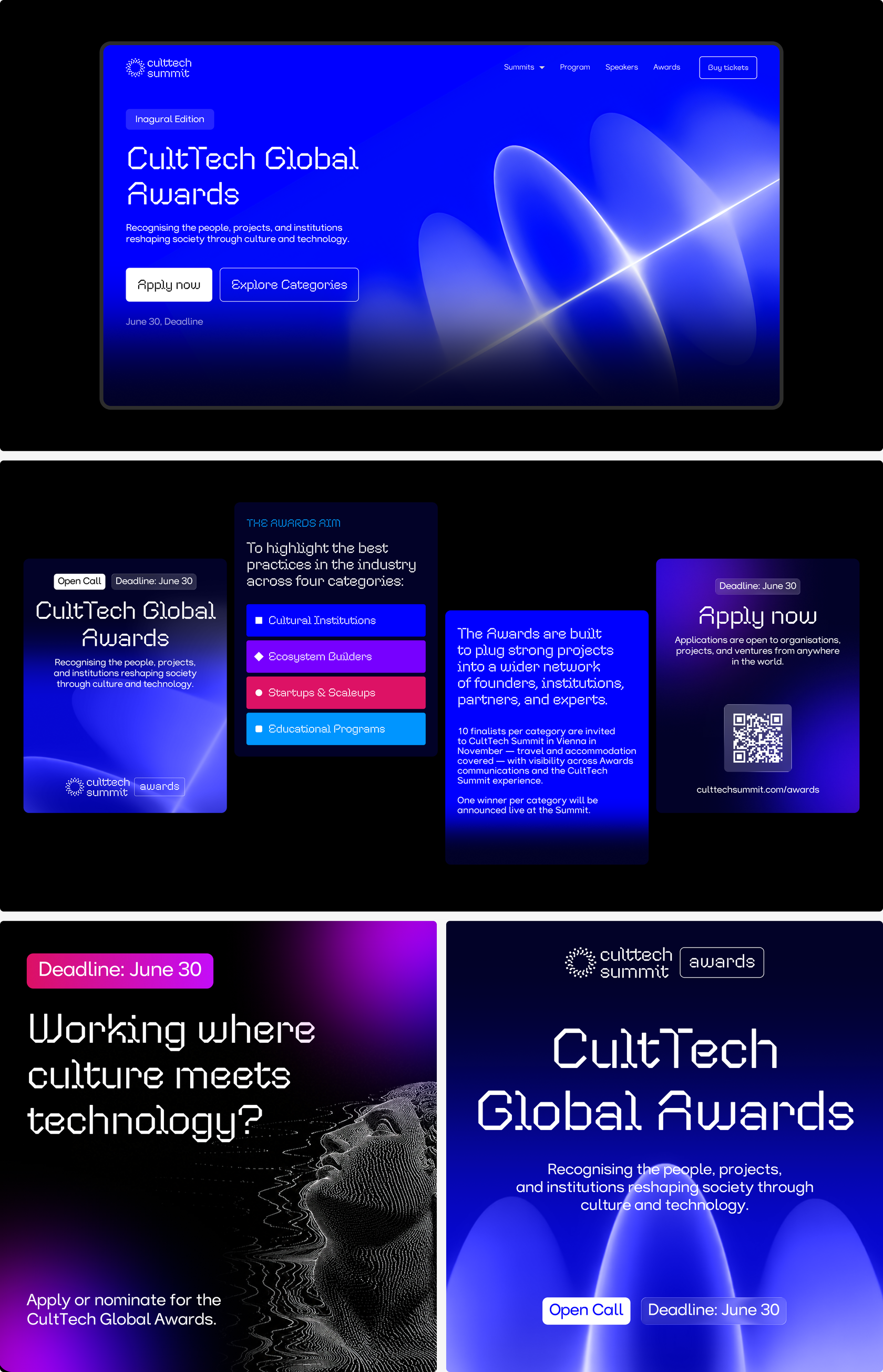 CultTech Global Awards — landing page, category cards, and social assets