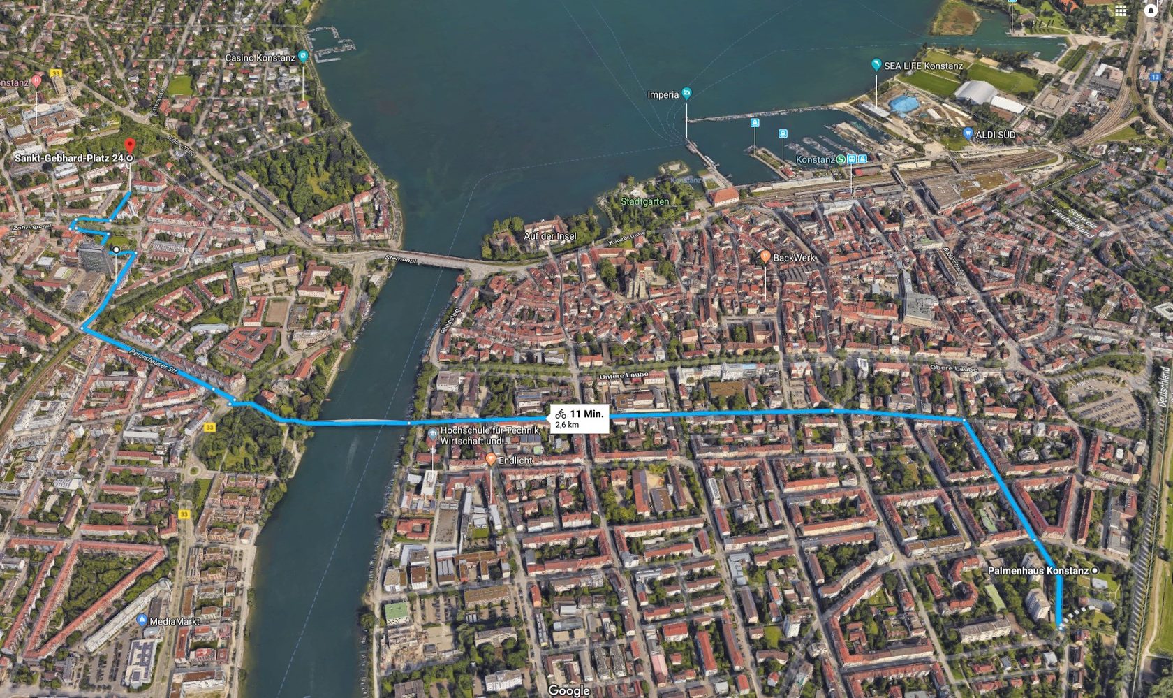 Маршрут поездки участника фудшеринг в Германии на карте Гугл 3D