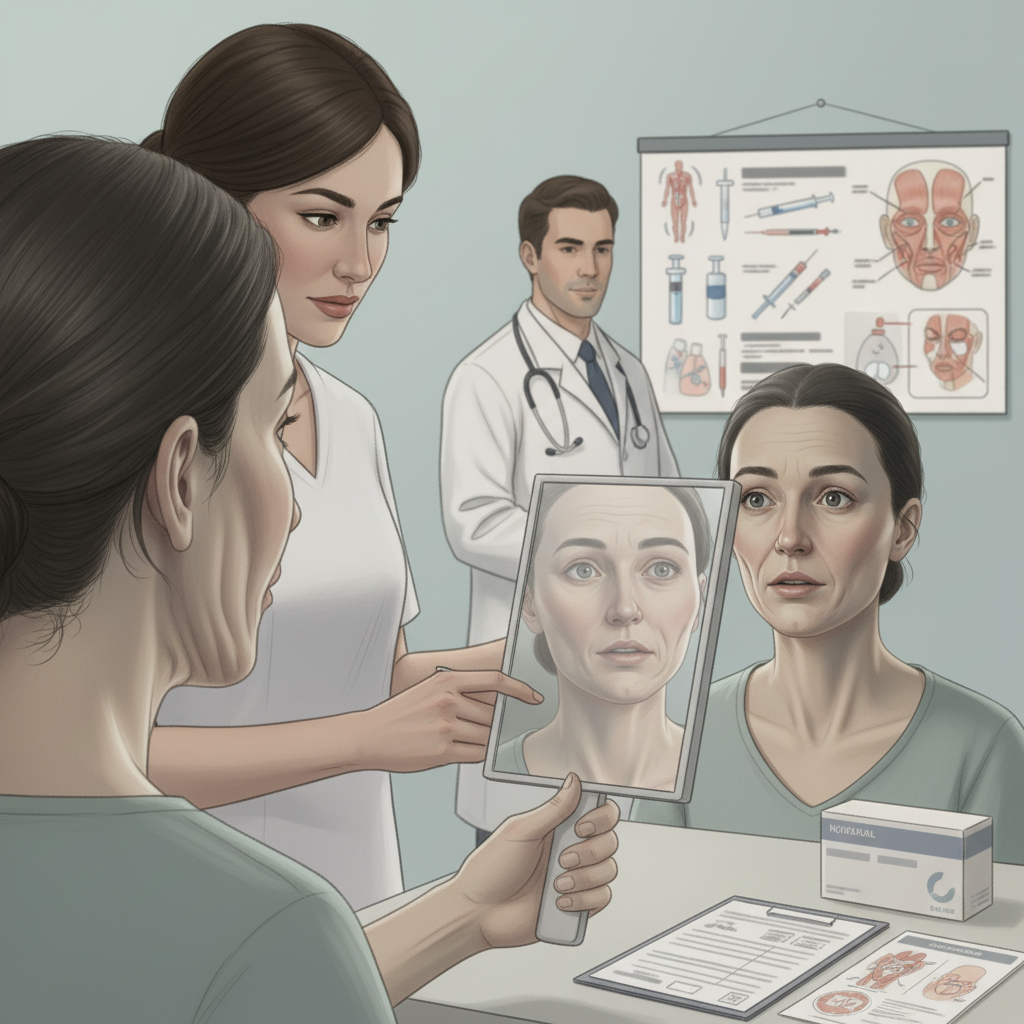 Врачи показывают женщине её отражение с признаками Ozempic Face — консультация по лечению и коррекции.