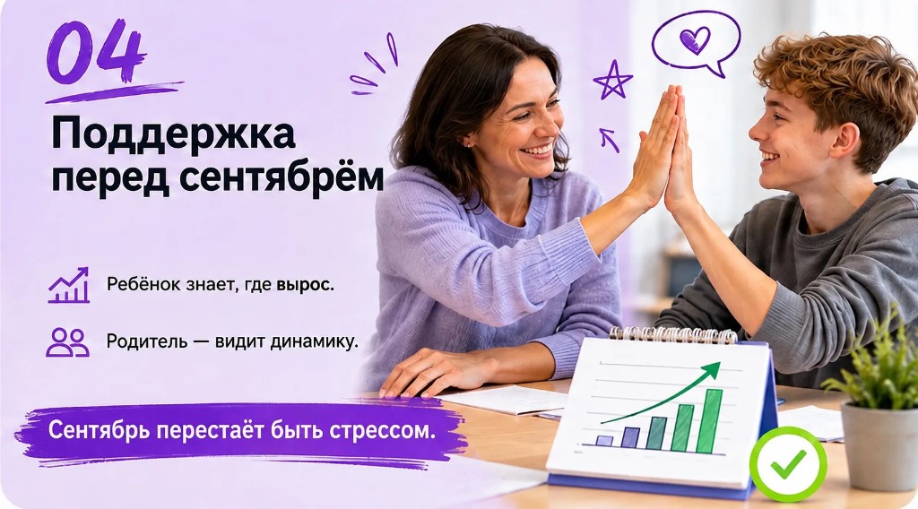 04. Поддержка перед сентябрём. Каждую неделю — индивидуальная обратная связь от педагога. Ребёнок знает, где вырос. Родитель видит динамику. Сентябрь перестаёт быть стрессом.
