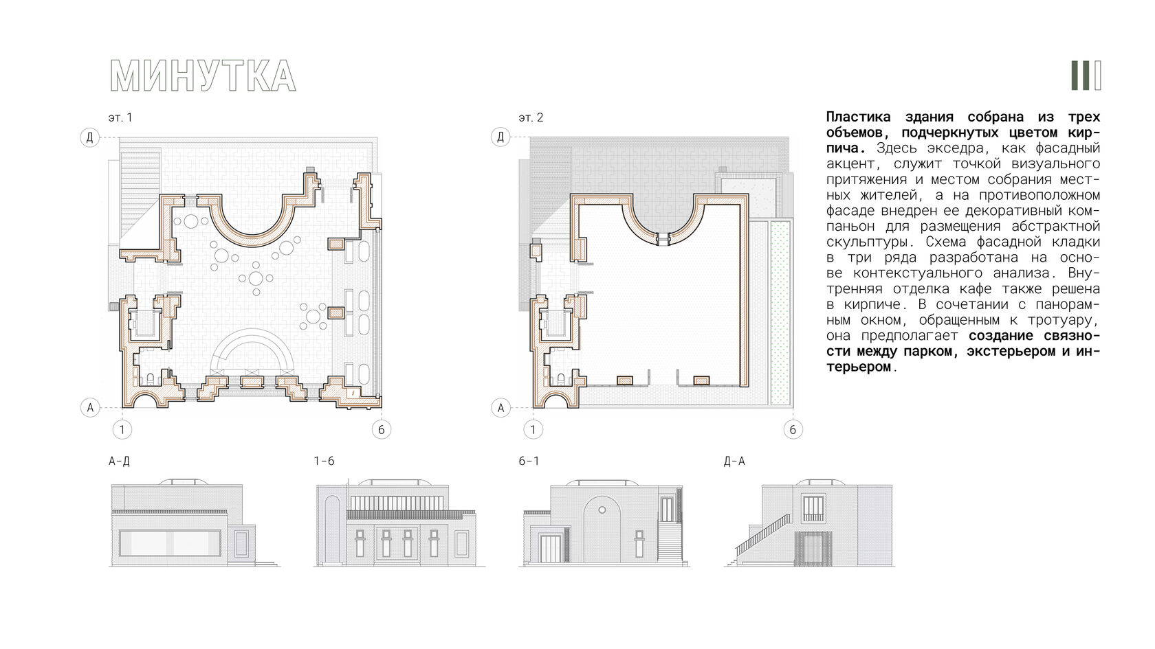 Планы этажей и фасады общественного пространства "Минутка". Описание композиционного решения (экседра как точка визуального притяжения) и интеграции здания в яблоневый парк. Архитектурное бюро Хирургия.
