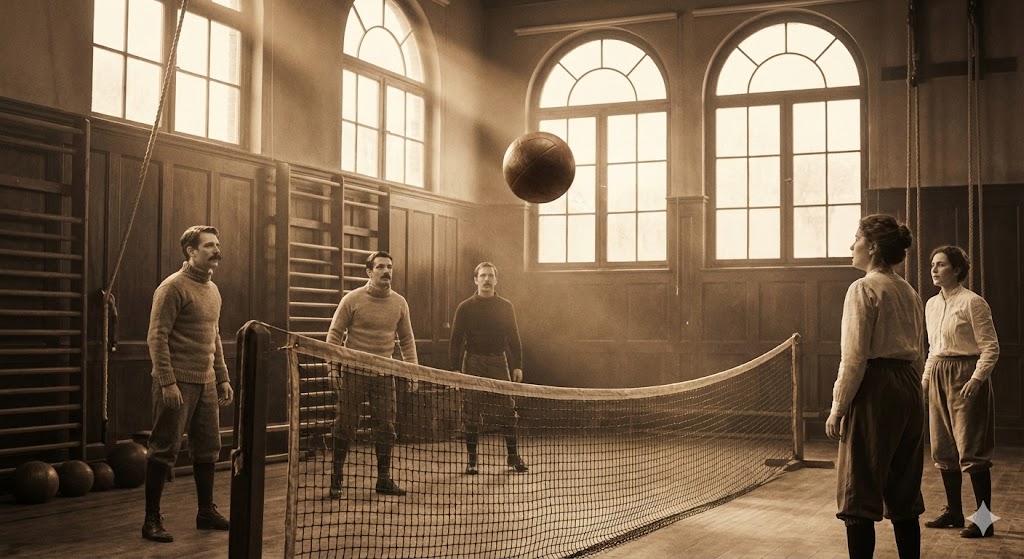 Старинный спортивный зал 1895 года и первый волейбольный мяч над сеткой