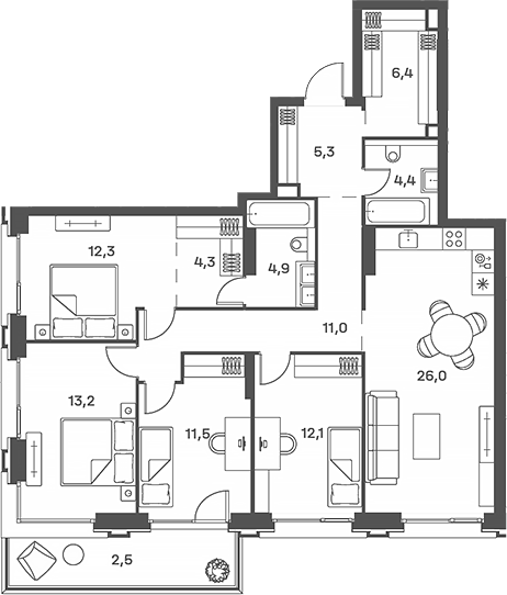 5-комн 125 м²
