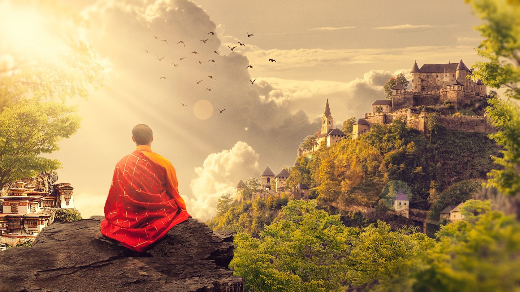 День общения с духом безмятежности. Буддистский монах Тибет арт. Будда Шаолинь. Медитация. Монах на горе.