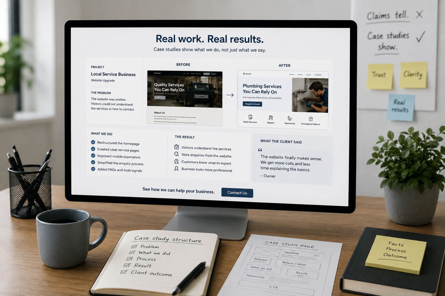 Website case study concept showing real project proof process details and trust signals replacing vague claims.
