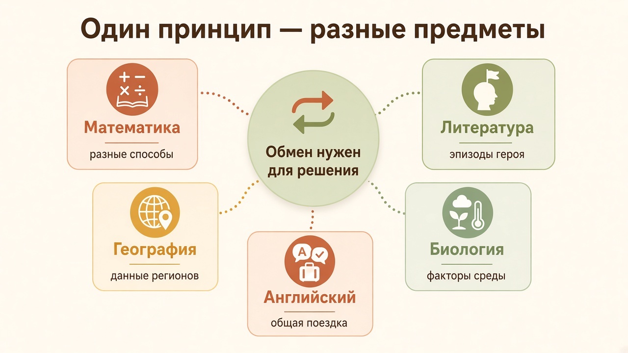 Один принцип на математике, литературе, географии, биологии и английском: обмен нужен для решения