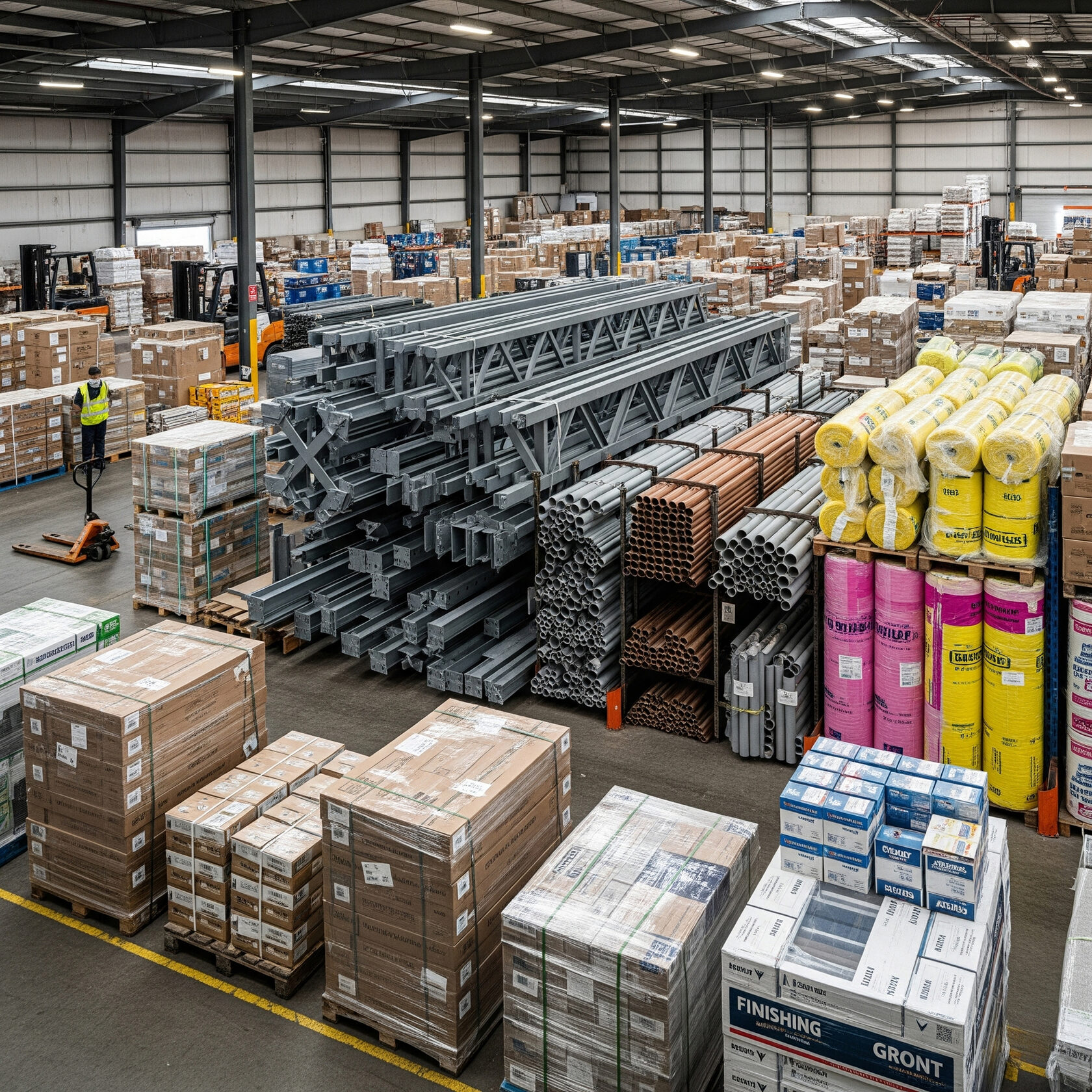 A spacious warehouse filled with neatly stacked pallets of goods, including boxes, metal beams, pipes, and insulation materials. Workers and forklifts are visible, organizing and moving inventory under bright overhead lighting