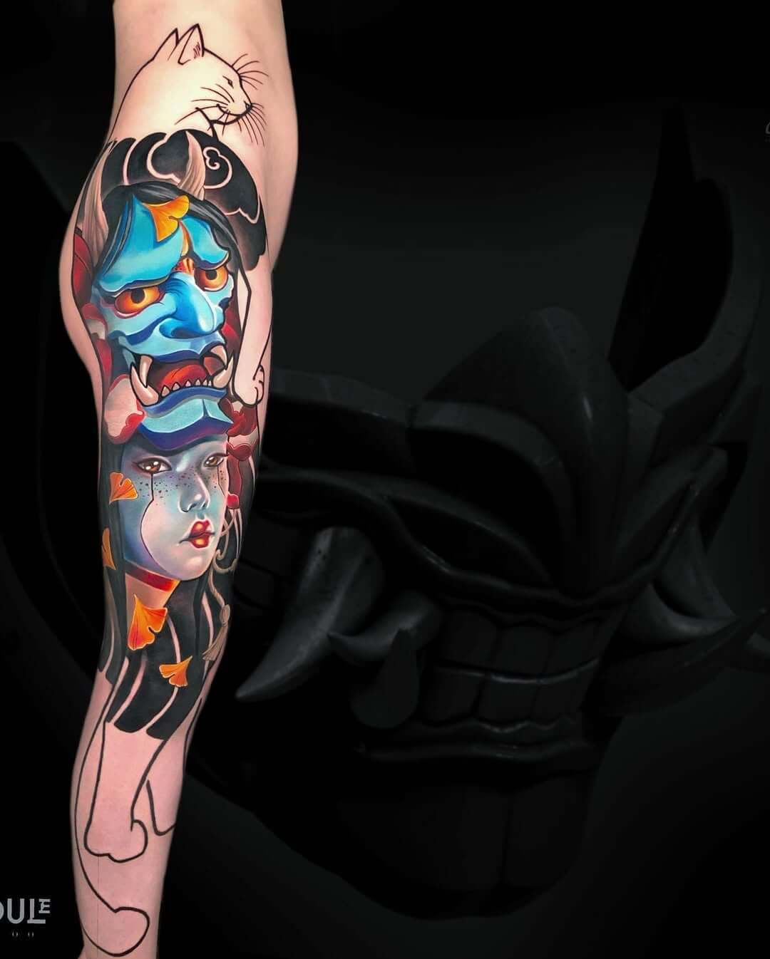 Japanese-style tattoo, neo-traditional tattoo, Hannya mask and geisha, bright women's leg tattoo, by artist Rinat Tattarin Mingazdinov, Los Angeles, West Hollywood