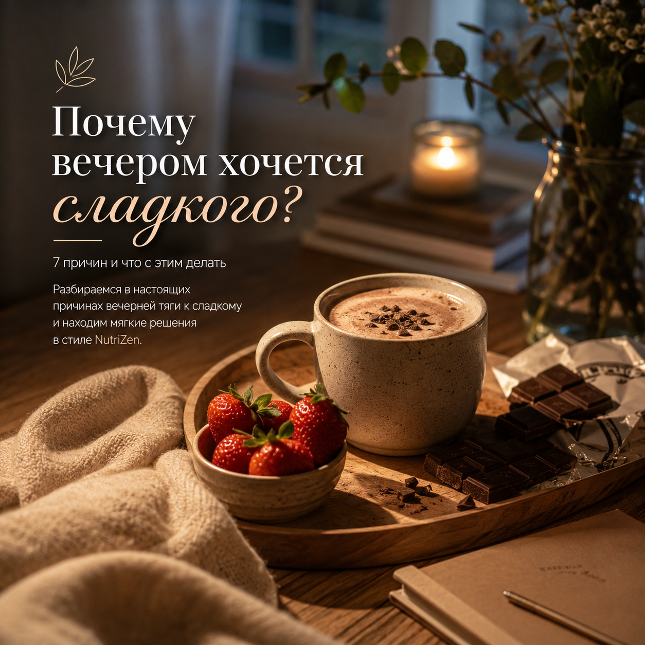 Почему вечером хочется сладкого — уютный вечерний ритуал NutriZen с какао ягодами и атмосферой отдыха.