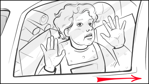 Momento dramático: un niño asustado está presionado contra el cristal del coche, con reflejos de movimiento en la ventana.