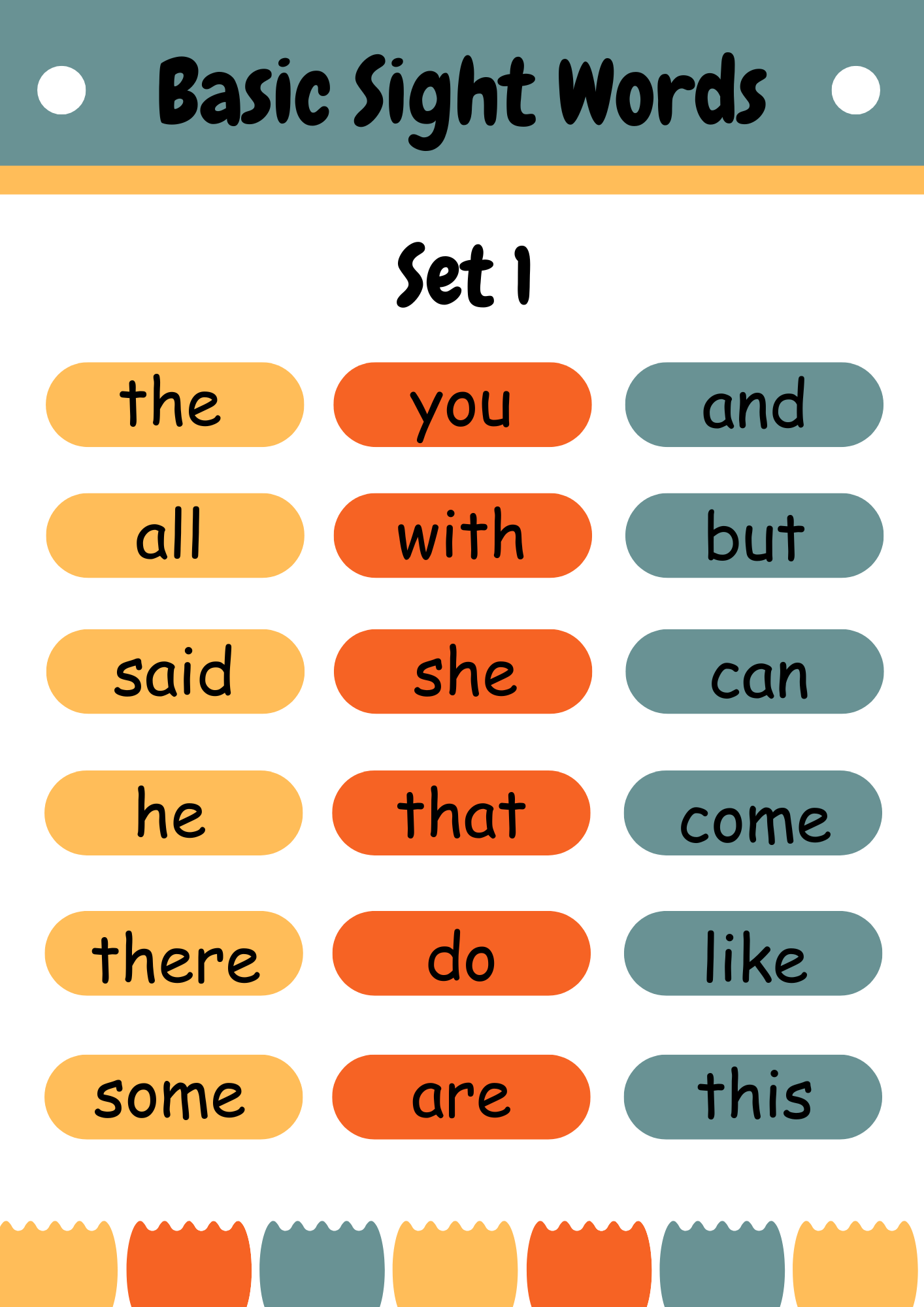 Картинка Basic Sight Words Set 1 — базовые английские слова: the, you, and, all, with, but, said, she, can, he, that, come, there, do, like, some, are, this.