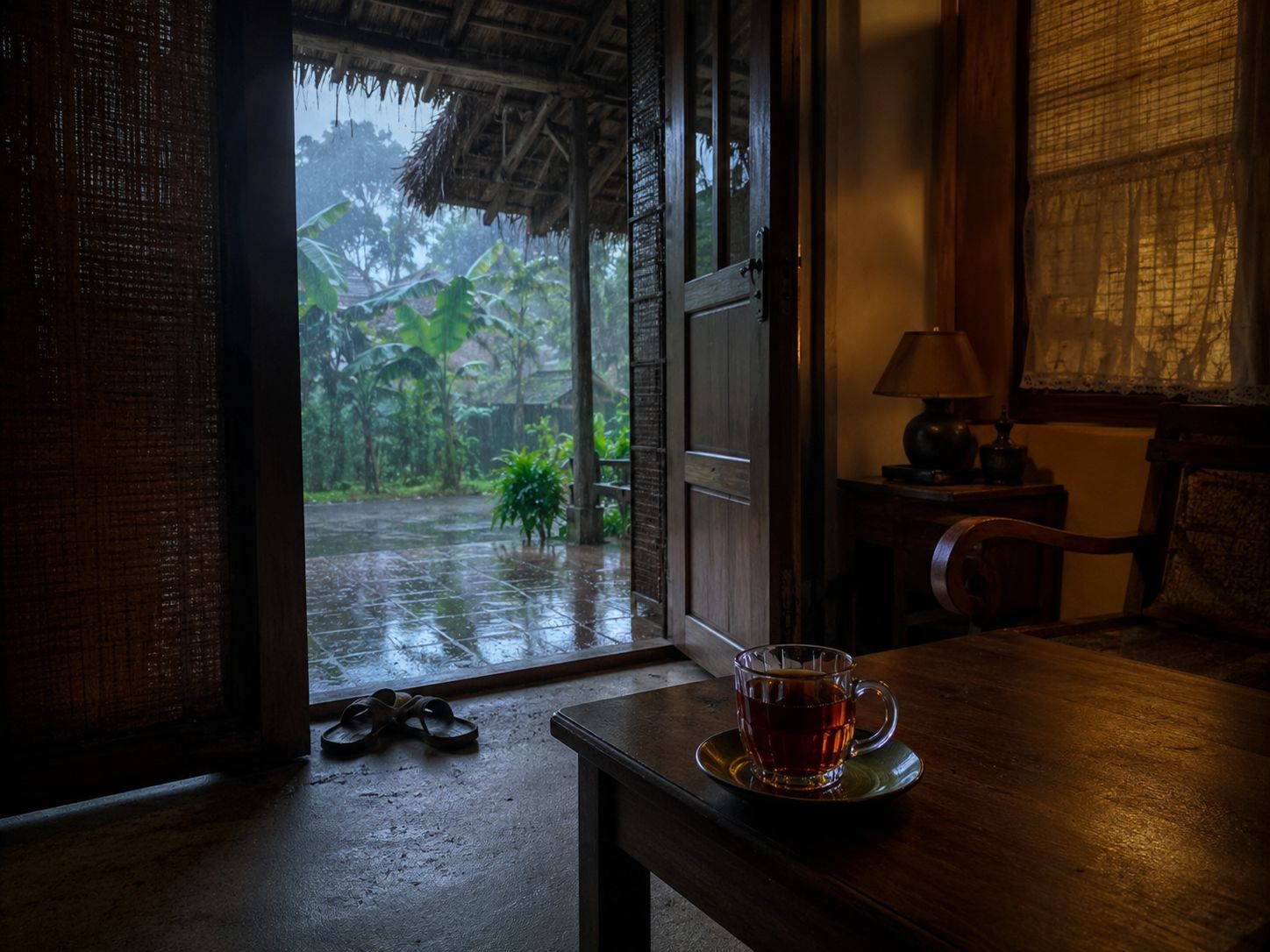 suasana rumah Indonesia hangat saat hujan turun