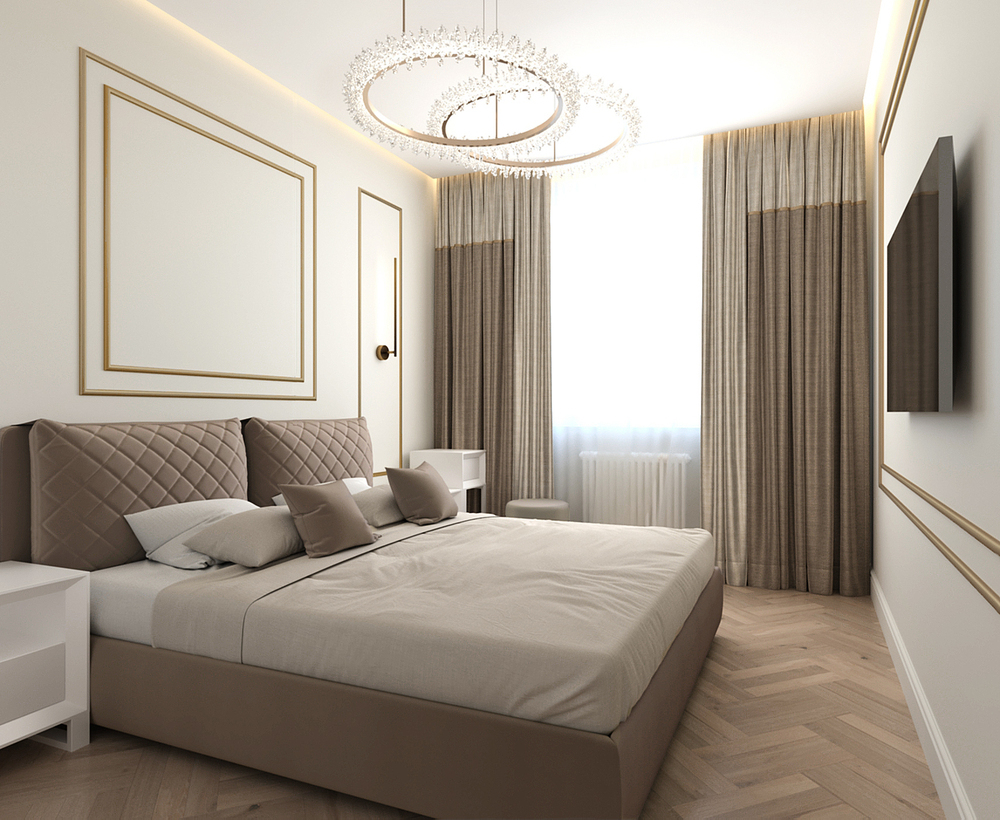 дизайн бежевой спальни с английской ёлкой на полу, контрастными молдингами, люстрой-кольцами, двухцветными шторами