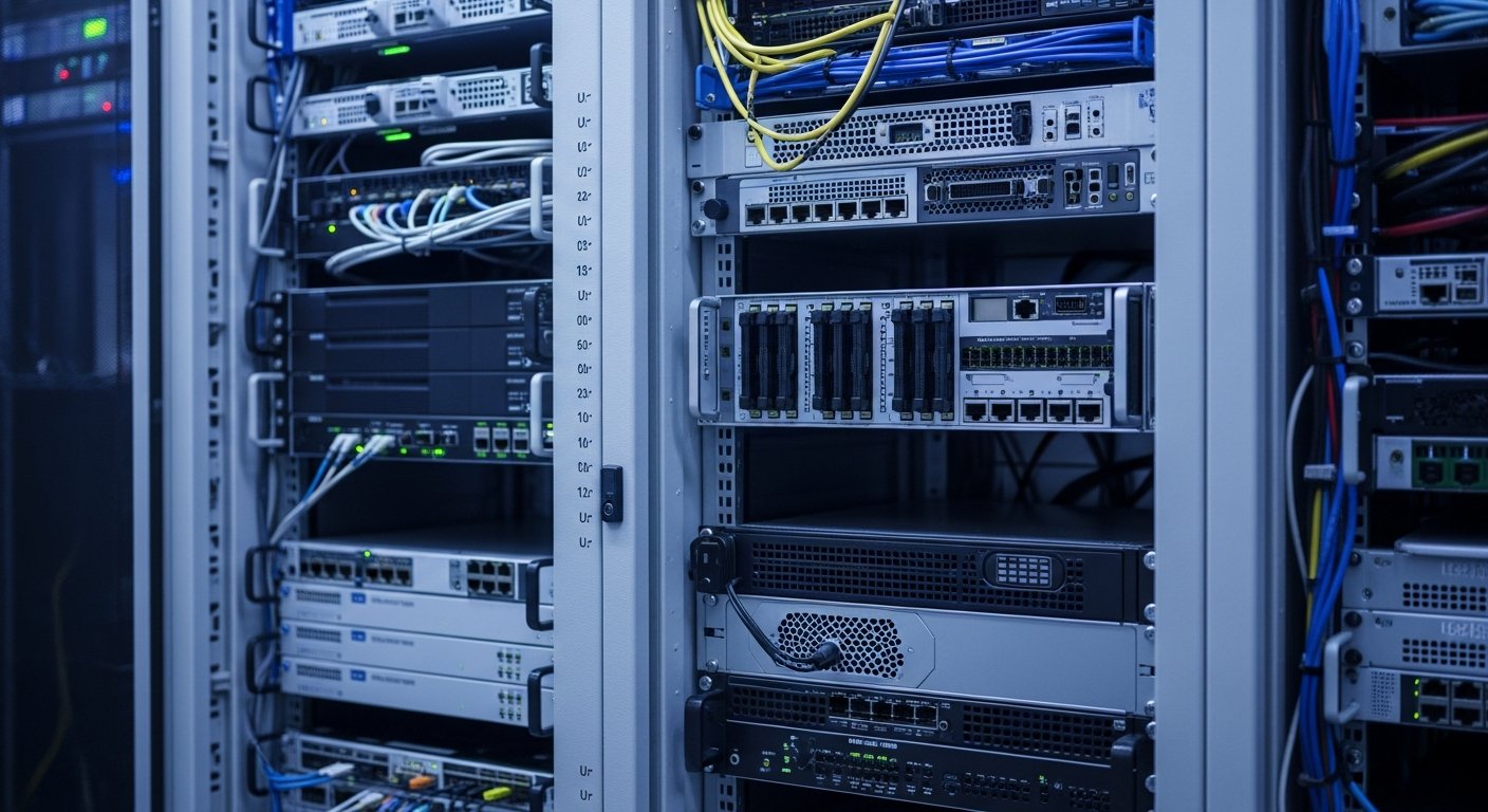 Серверная стойка с оборудованием разных форм-факторов, организованная в едином шкафу, с маркировкой юнитов на боку