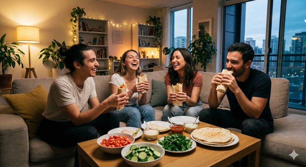 Друзья едят домашнюю шаурму на вечеринке в честь праздника 15 января