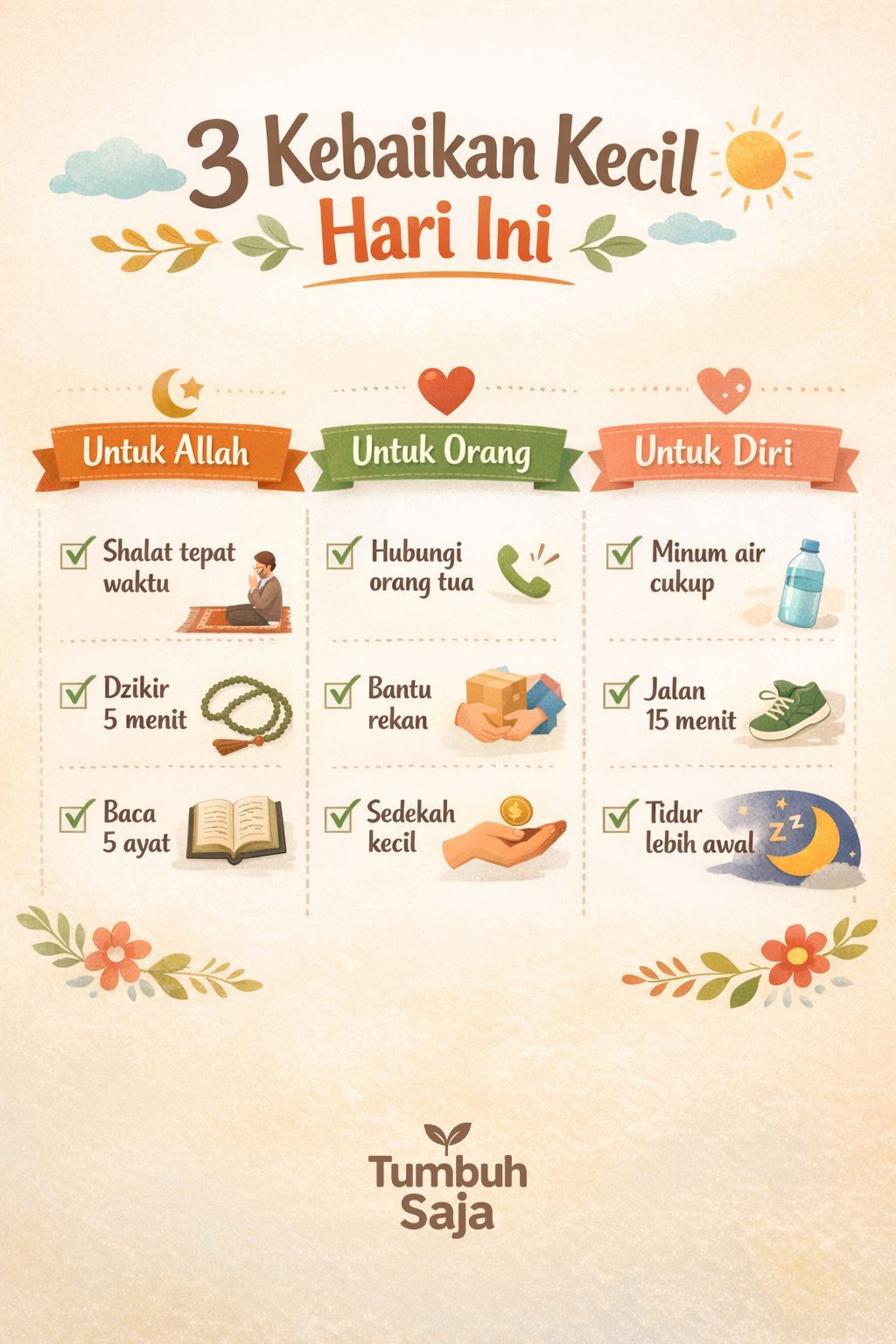 Checklist tiga kebaikan kecil untuk Allah, orang lain, dan diri sendiri