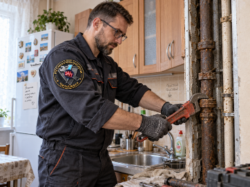 Снятие старого чугунного стояка газовым ключом