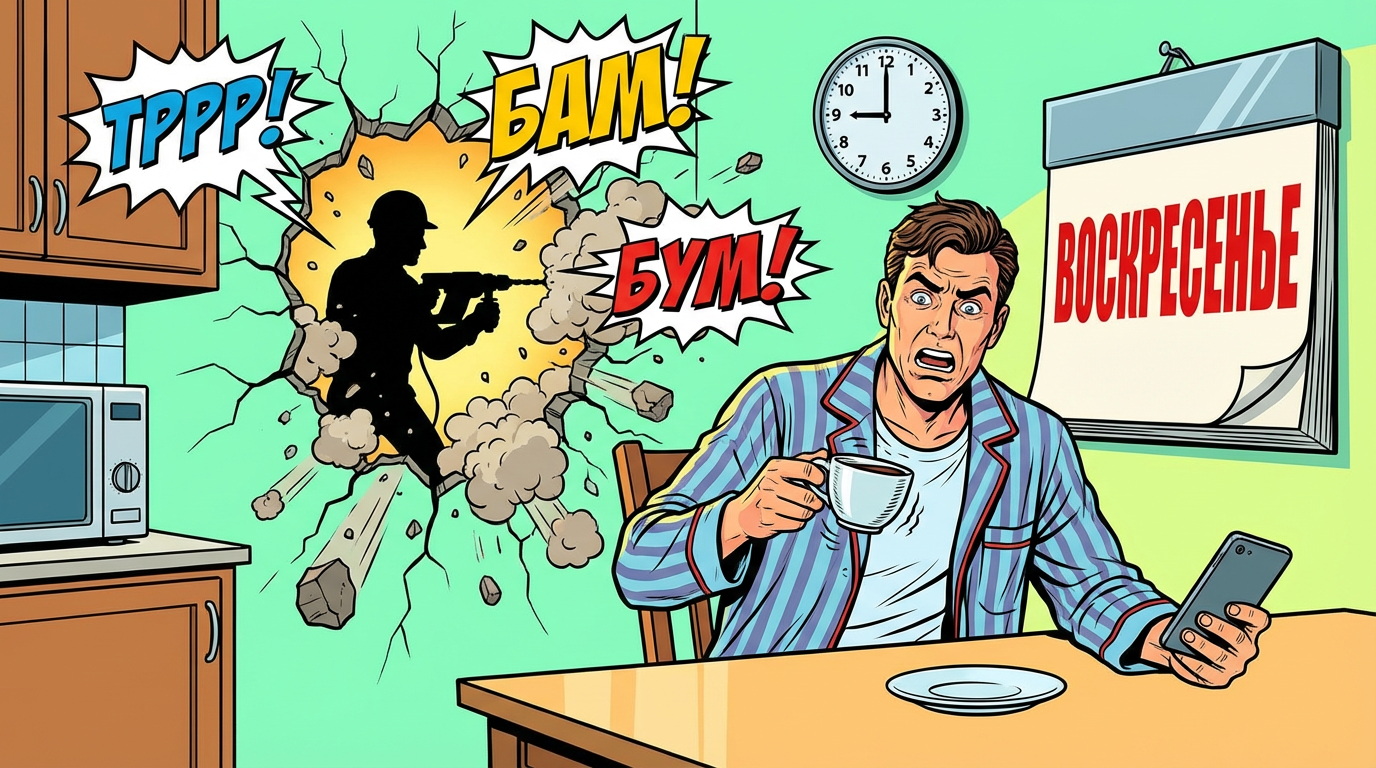 Шумный ремонт в воскресенье: сосед в ужасе, за стеной грохот, календарь показывает воскресенье, нарушение закона о тишине