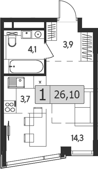 Студия 26,10 м²
