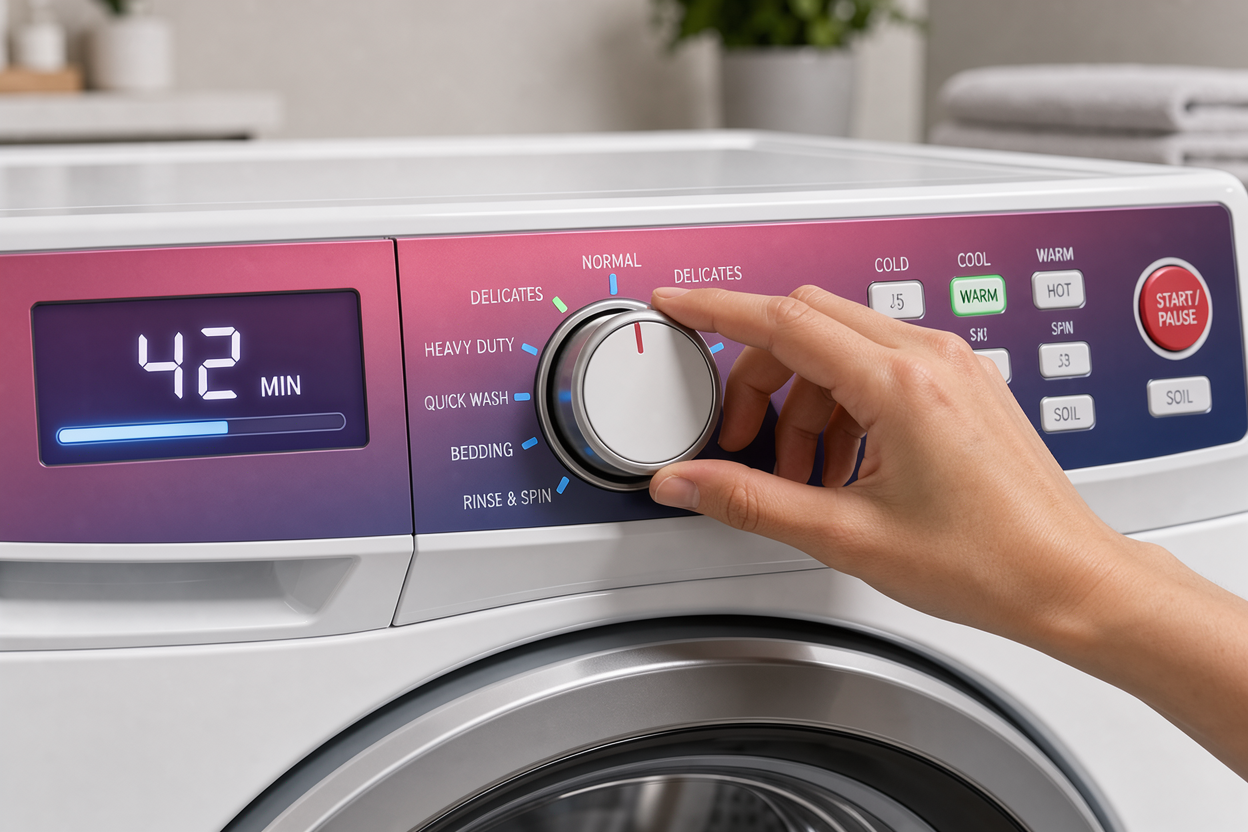 close-up of washing machine control panel with cycle options and temperature settings, a hand turning the dial, modern laundry room