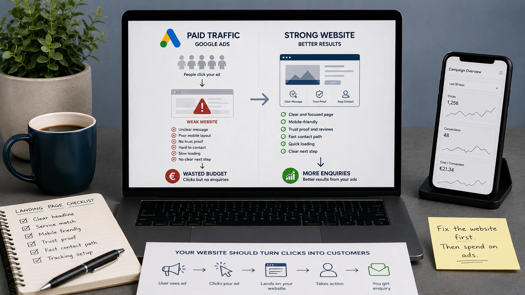 Abstract Google Ads budget concept showing paid traffic going to a weak landing page with poor mobile layout weak trust proof and unclear enquiry path.