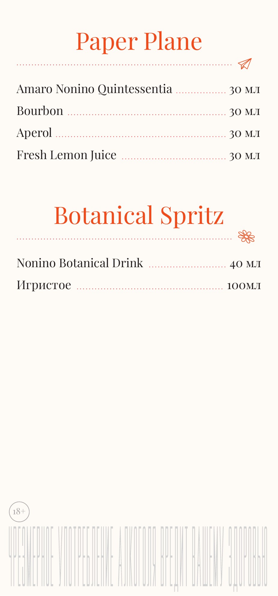 Меню Paper Plane: составы коктейлей Paper Plane и Botanical Spritz