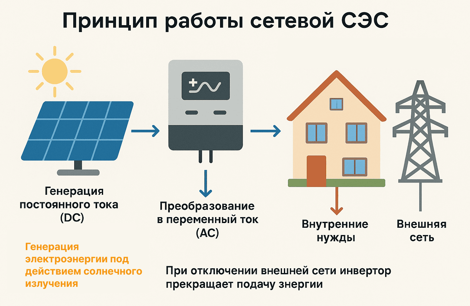 Принцип работы сетевой СЭС | Solartek