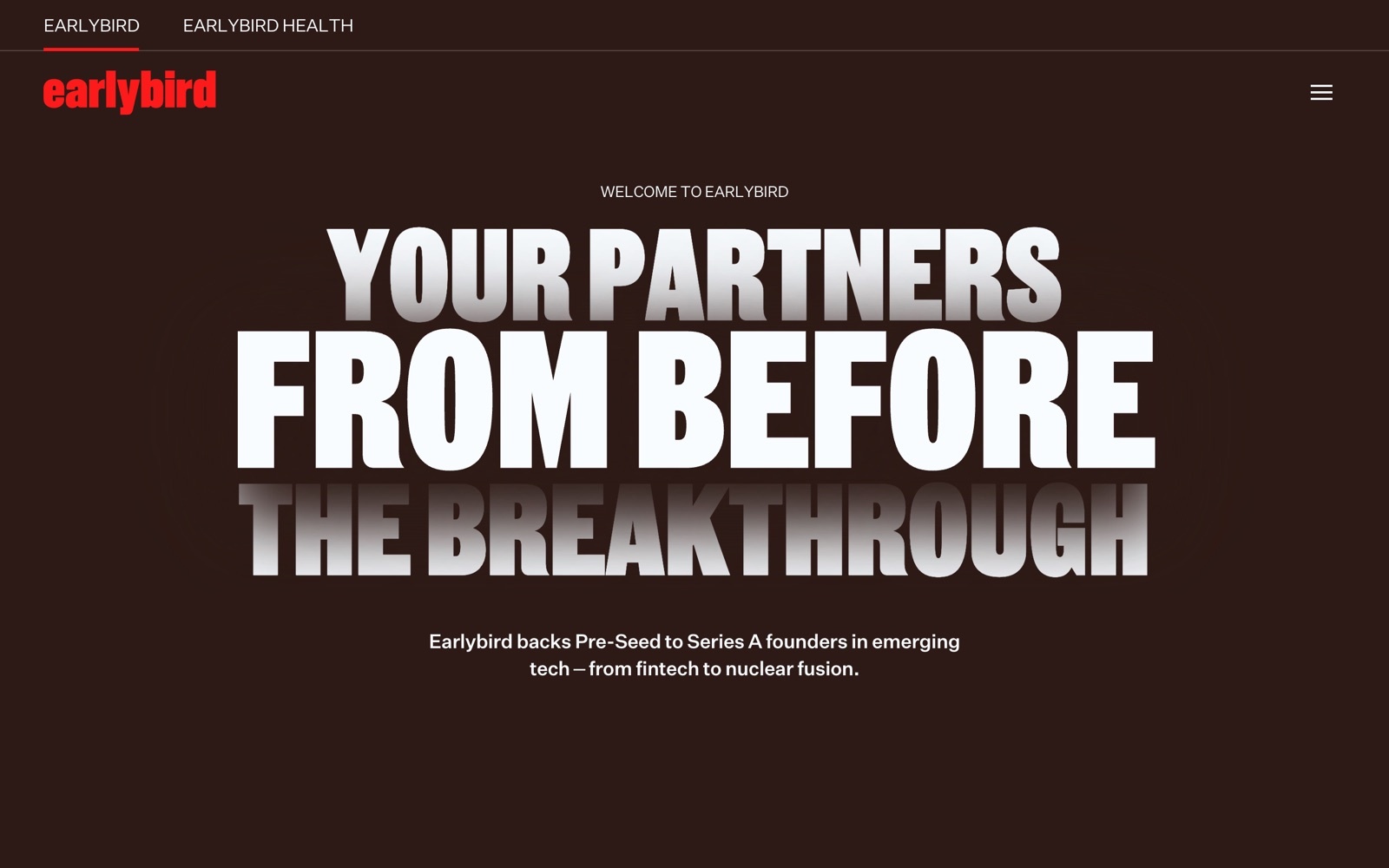 Earlybird homepage screenshot: European venture capital firm backing pre-seed to Series A founders
