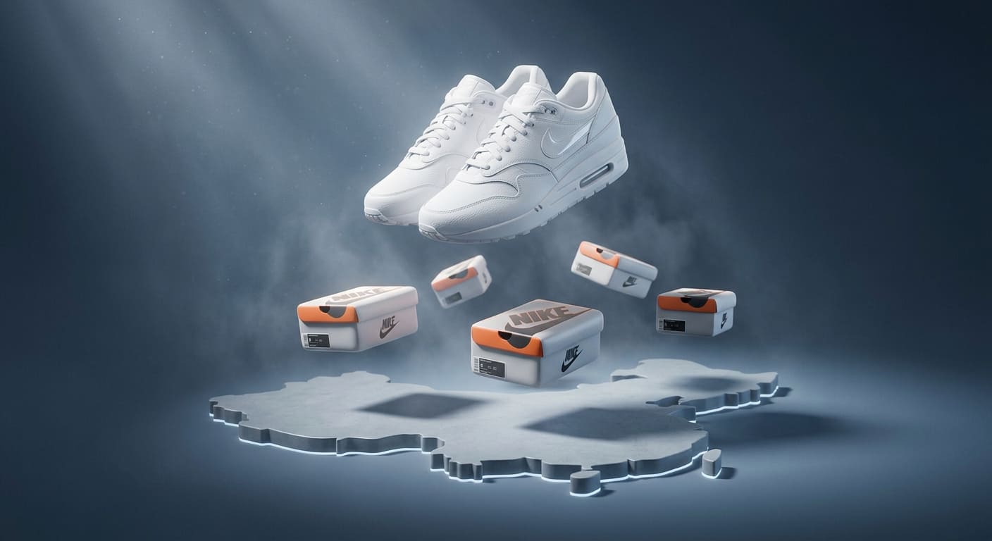 Кроссовки Nike парят над картой Китая, демонстрируя логистику покупки
