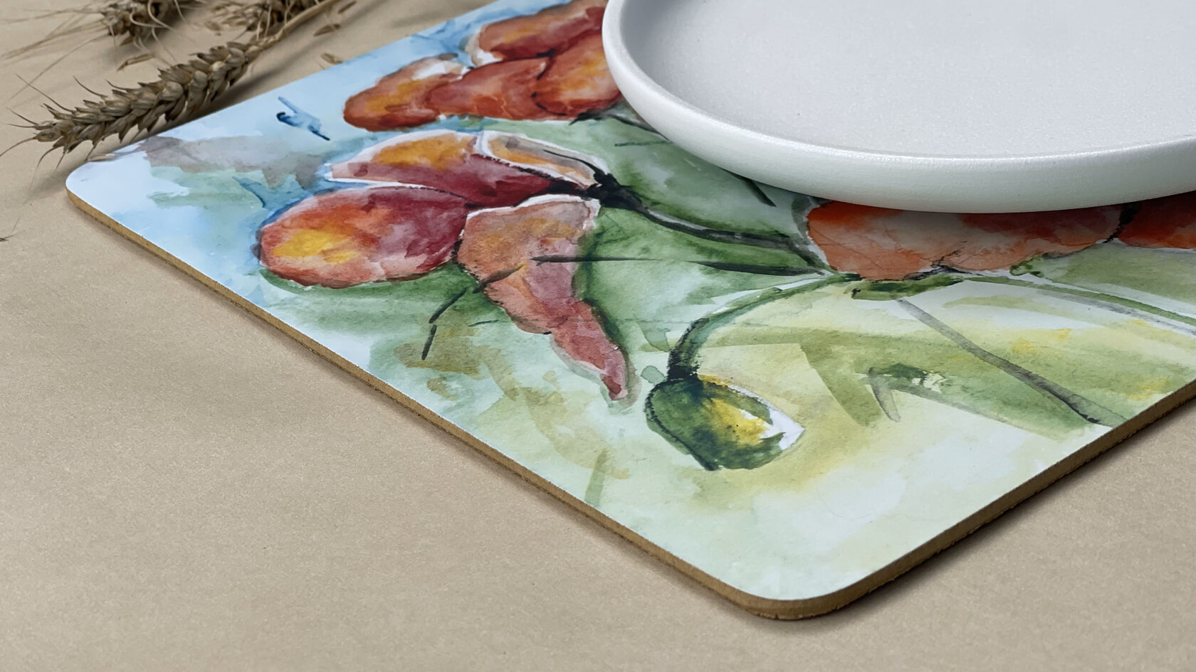 Салфетки сервировочные прямоугольные из пробки "Маки акварель"