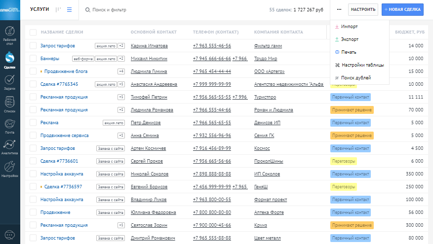 Ведение проектов в amocrm