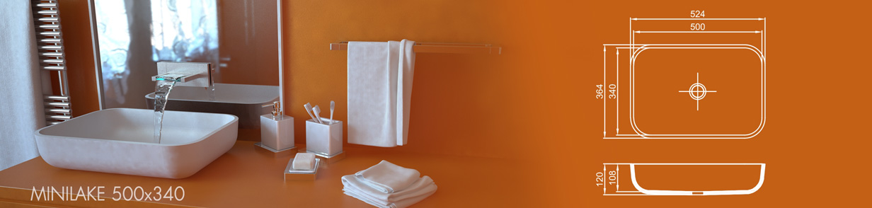 Раковина MINILAKE 500x340 из акрилового камня, размеры: ширина 500 мм, глубина 340 мм, высота борта 120 мм. Прямоугольная форма с закруглёнными углами, схема параметров и монтажа.