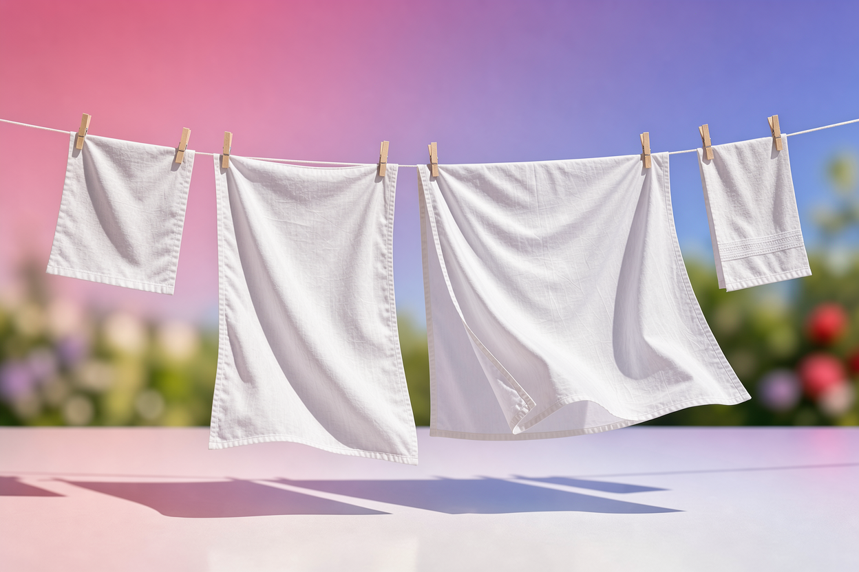Sunlit clothesline with white linens drying outdoors, gently billowing in the breeze, crisp bright whites
