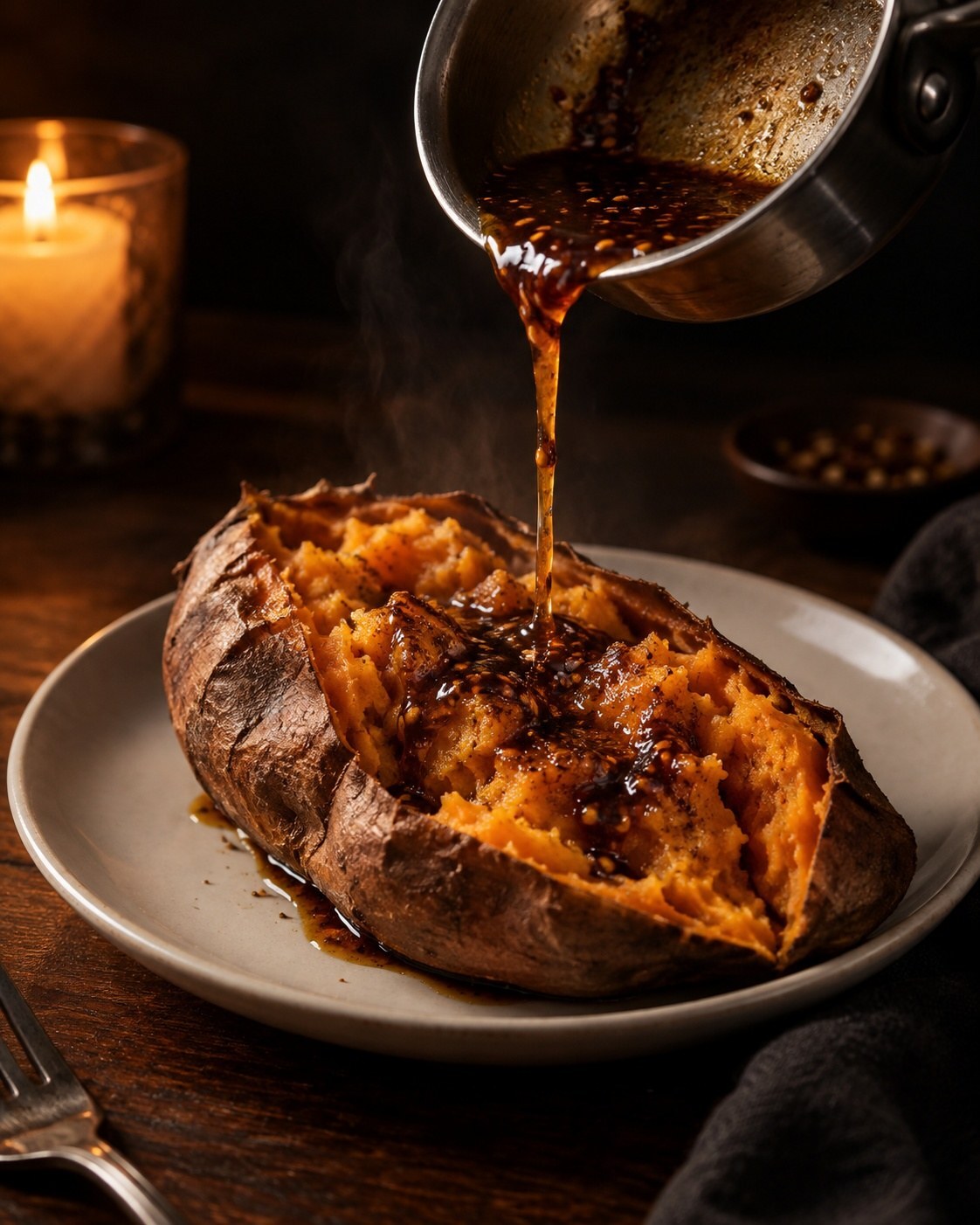Brown-butter and soy glaze being spooned over a split roasted sweet potato