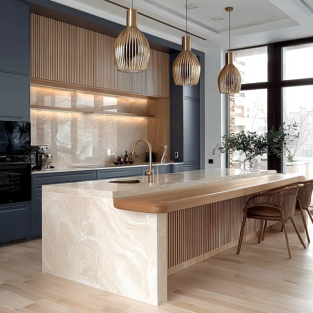 Сочетание фартука, столешницы и фасадов в одной палитре на современной кухне