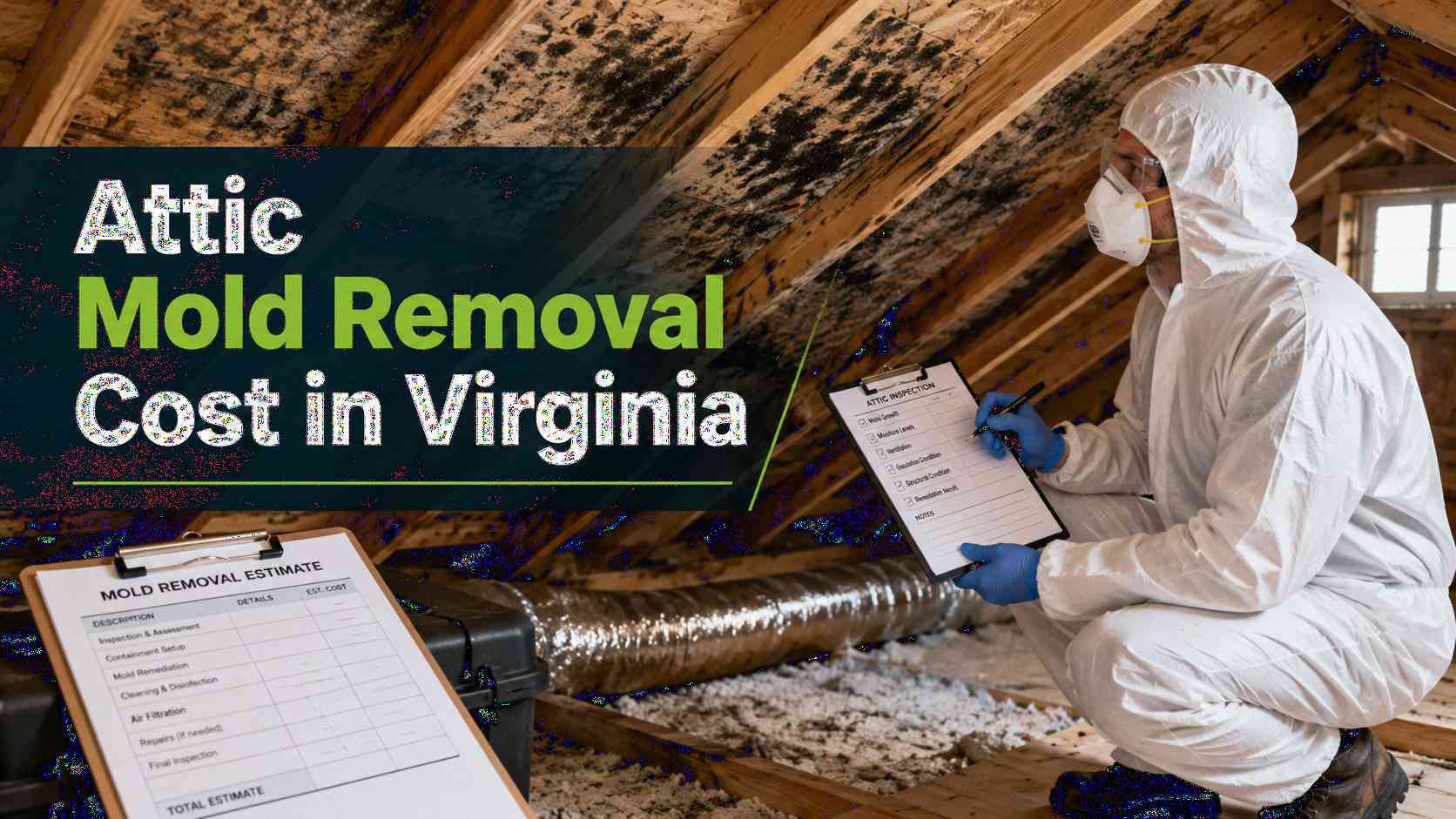 Attic mold removal cost in Virginia with mold remediation technician inspecting roof sheathing attic insulation and moisture damage for a cleanup estimate