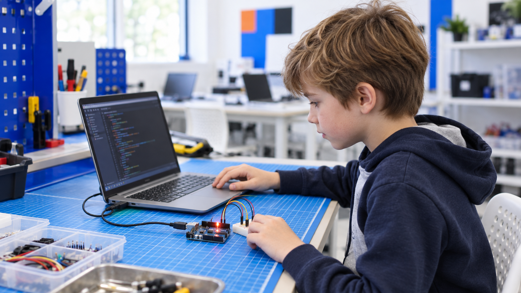 Школьник запускает Python-проект с платой Arduino и светодиодом в светлом кабинете Роботрек