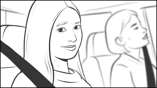 Ilustración de toma de rodaje: una chica con el cinturón de seguridad abrochado, sonrisa suave, mirada directa al objetivo.