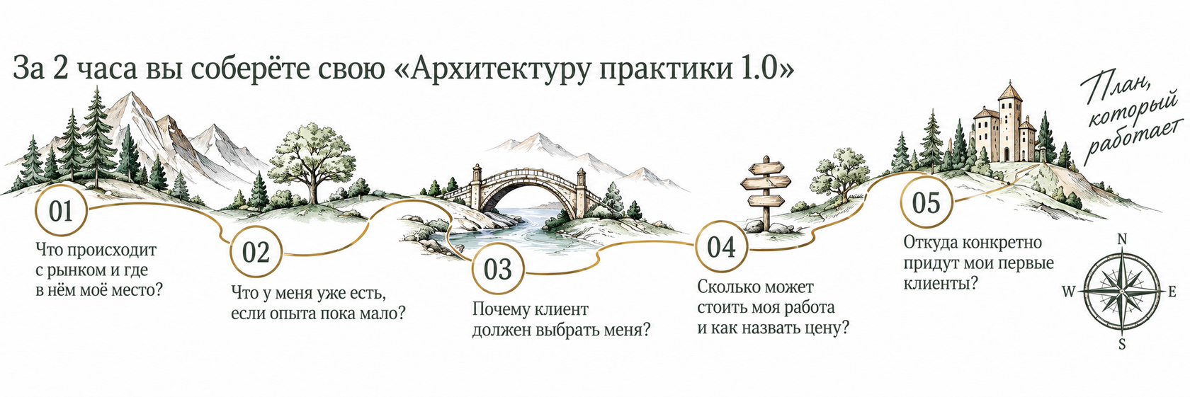 За 2 часа вы соберёте свою Архитектуру практики 1.0. Маршрут из пяти последовательных этапов от точки А к собственной системе.