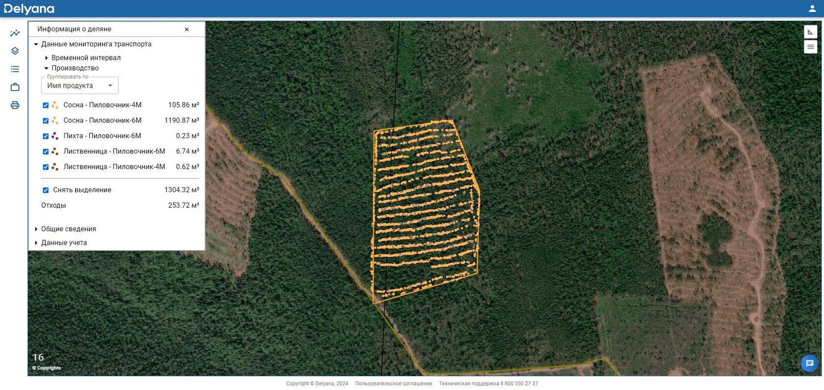 Скриншот интерфейса веб-приложения Delyana с подключенным модулем Delyana Мониторинг, который позволяет анализировать информацию об объёме, породном составе заготовленной древесины с координатами каждого спиленного дерева на интерактивной карте.