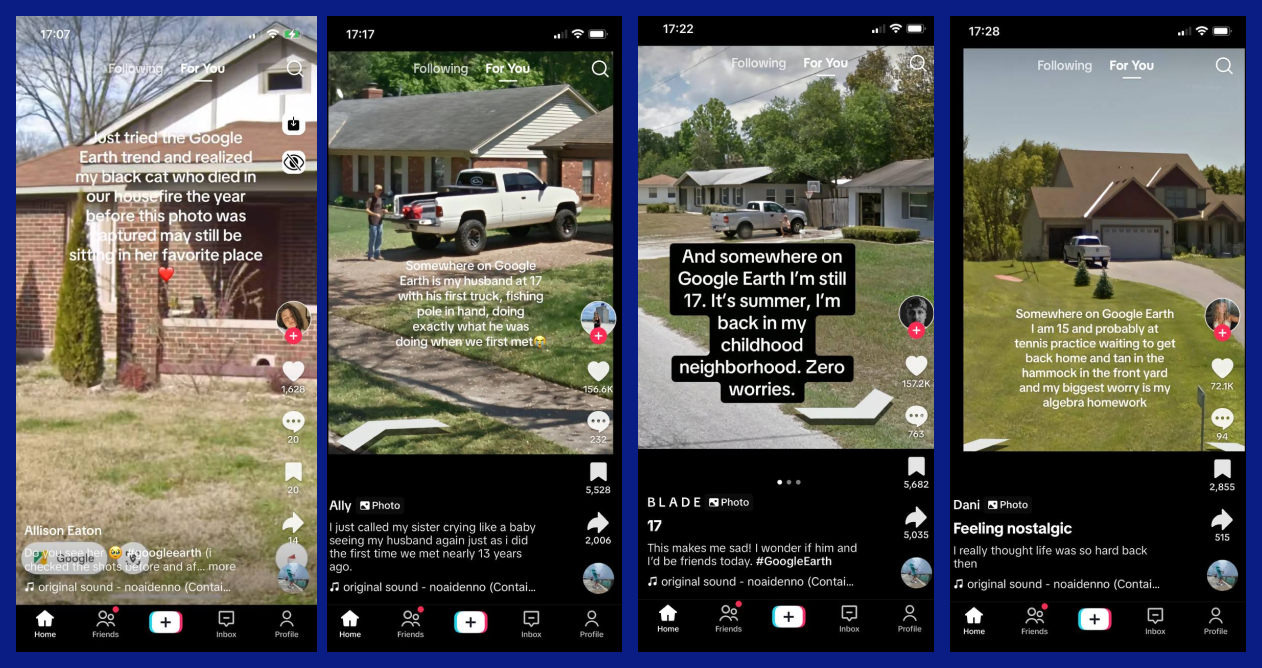 The image shows four screenshots from TikTok. Each one shows a screenshot from Google Maps with a caption about what is depicted on it, dear to the creator. This is a common trend on TikTok and Instagram.