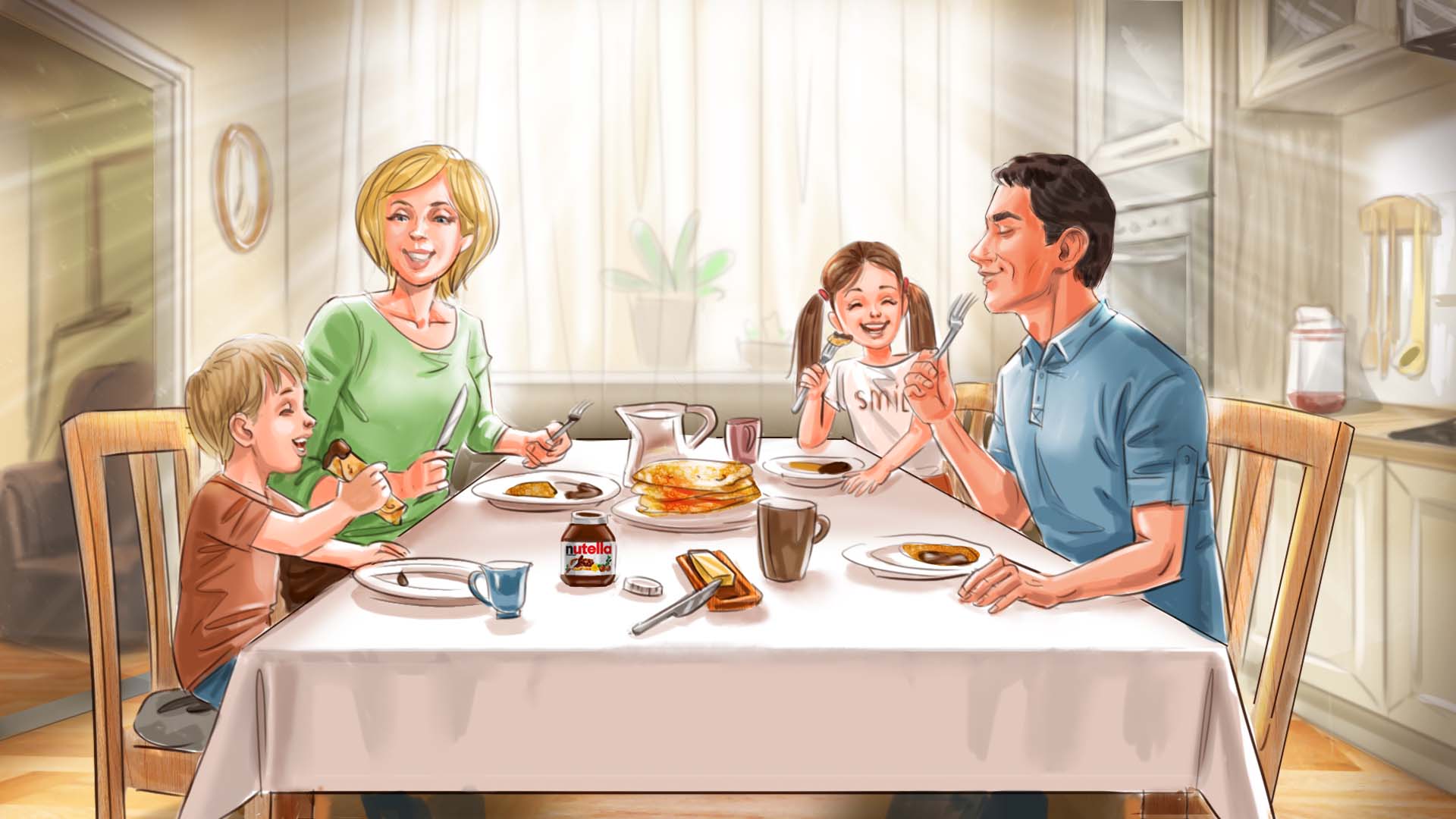 Сториборд семья обедает и улыбается