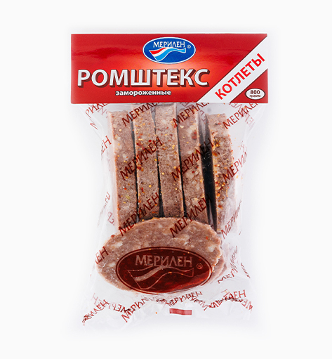 Котлеты «Ромштекс» от производителя Мерилен — замороженные полуфабрикаты из говядины и свинины. Упаковка: 800 гр.