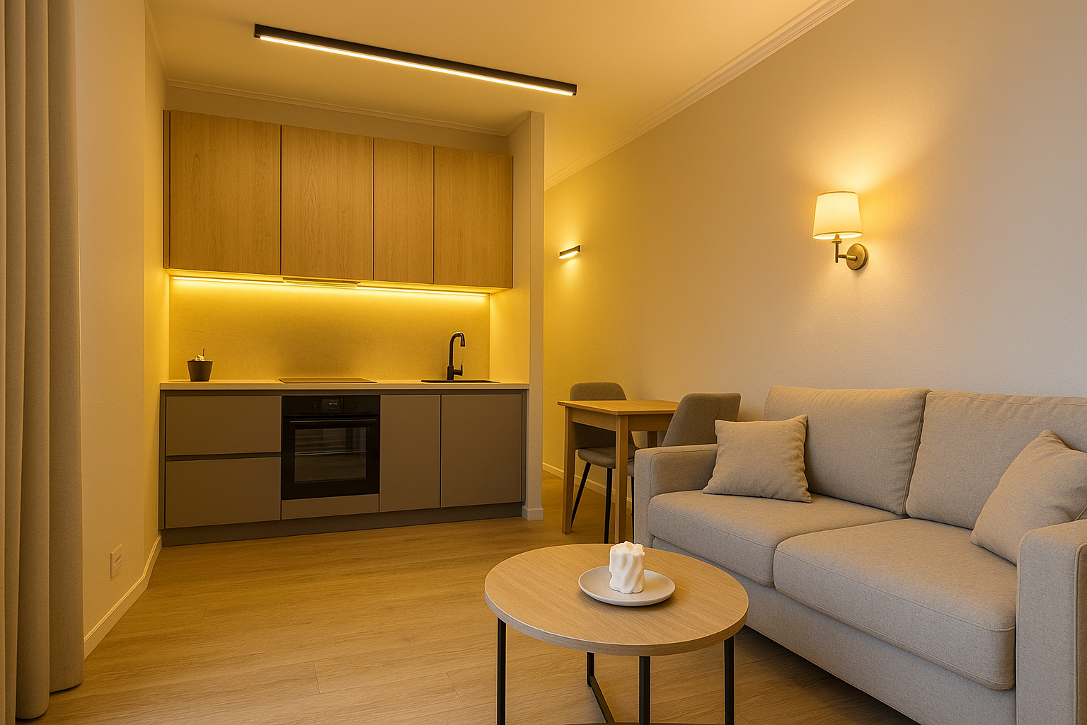 Маленькая квартира с многоуровневым освещением: подсветка кухни, бра и линейные светильники