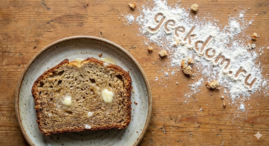 Кусочек бананового хлеба на тарелке с текстурой влажного мякиша