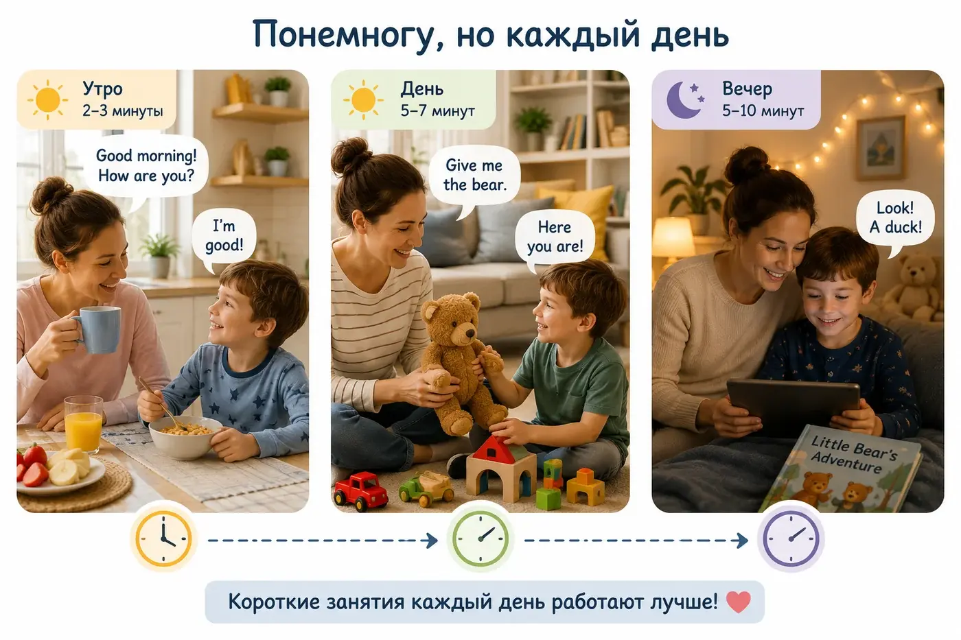 Короткие занятия английским утром, днем и вечером