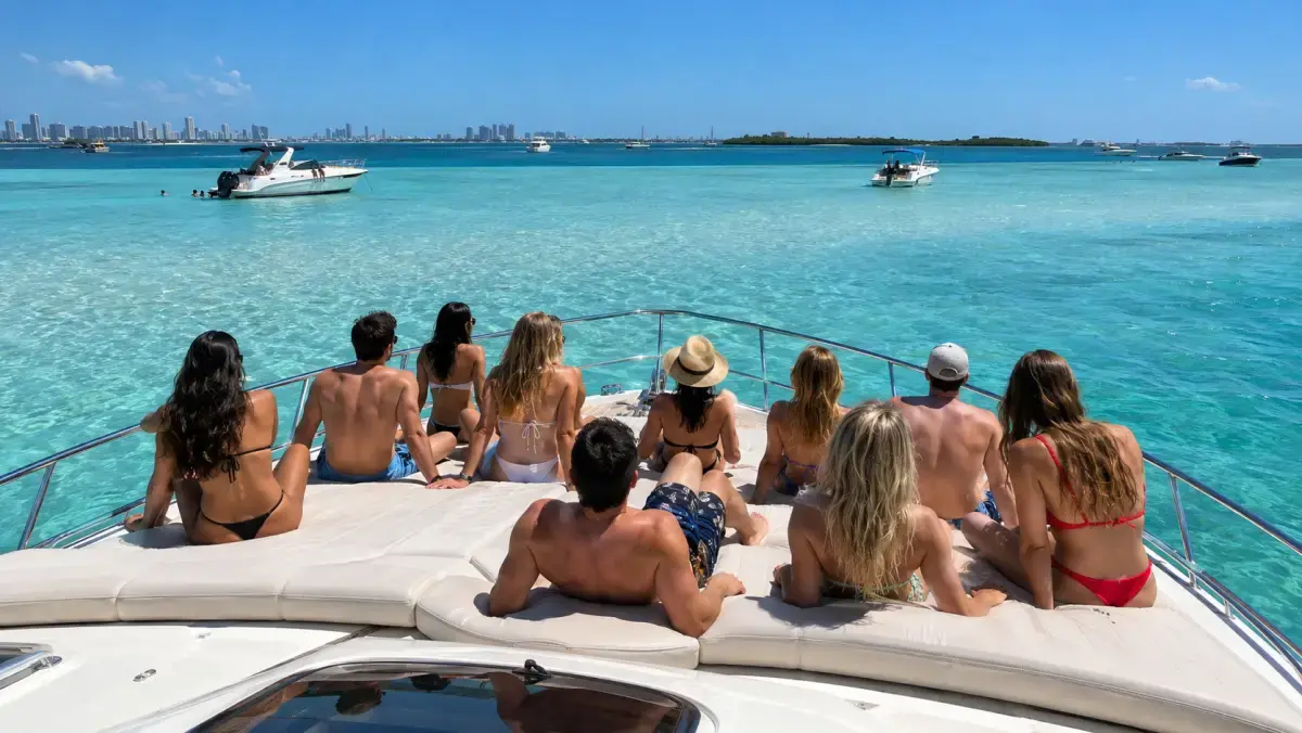A group of friends seen from behind on the bow of a motor yacht anchored at a turquoise sandbar near Miami
