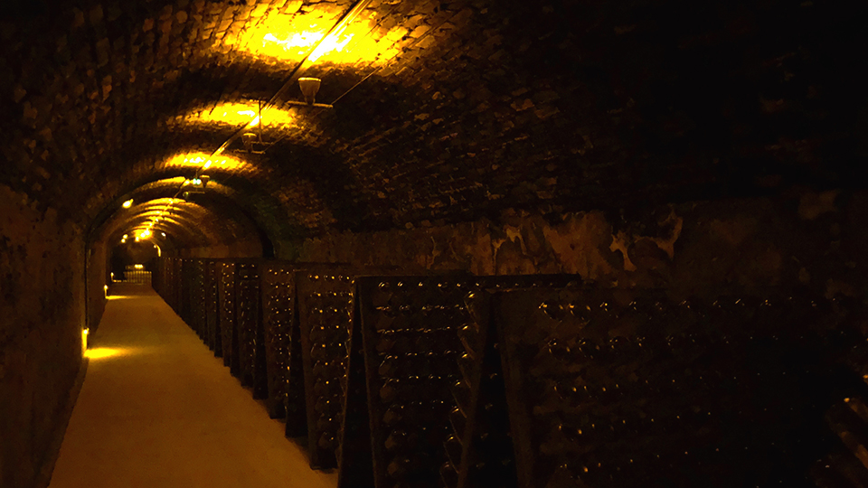 Roederer's labyrinthine cellars are kept extremely dark and house more than 20 million bottles of Champagne