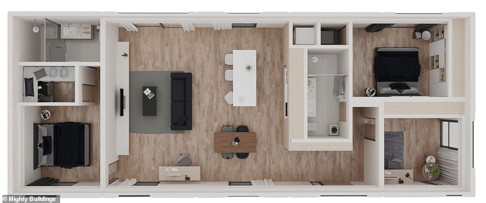 Floor plan of the most expensive unit on offer. It features a combined kitchen and living area and three bedrooms, one with an en-suite