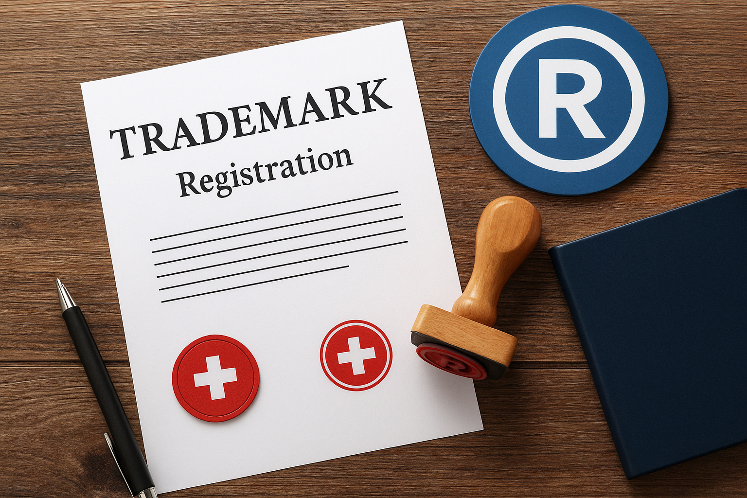 Close-up of a trademark registration stamp and Swiss business papers